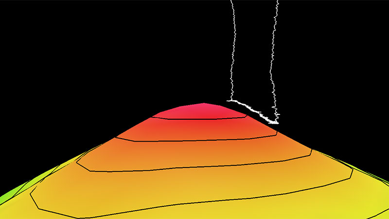 A colorful contour map with layered colors from yellow to red, set against a black background with a white lightning shape at the top.